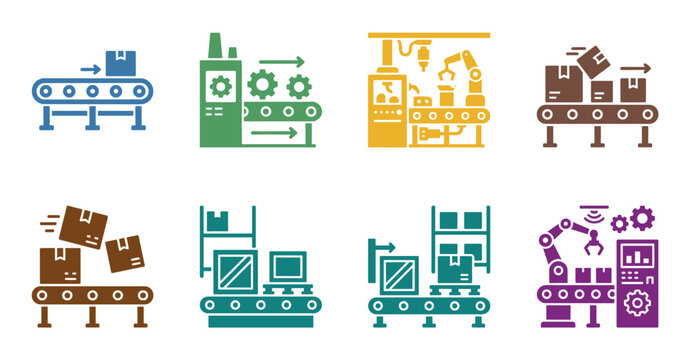 Industrial automation production line manufacturing process icons showcasing various stages of assembly, packaging, and robotic handling in modern factories.