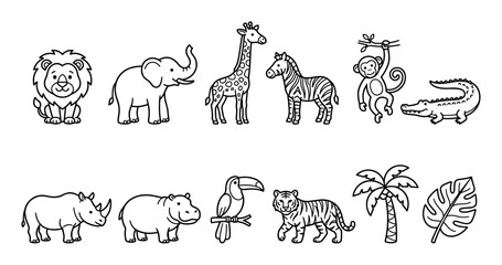 Naklejka premium Cute cartoon safari jungle animals and tropical plants line art collection featuring various wild creatures and foliage in a playful style.
