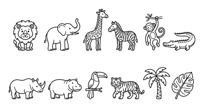 Cute cartoon safari jungle animals and tropical plants line art collection featuring various wild creatures and foliage in a playful style.