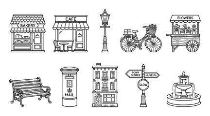 Naklejka premium Collection of outline town city street elements including bakery, cafe, bicycle, flower cart, lamppost, bench, mailbox, building, signpost, and fountain icons.
