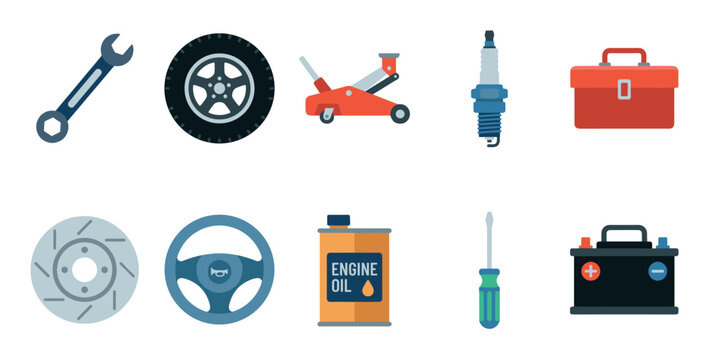 Automotive tools and car parts are essential items for vehicle maintenance, repair, and general automotive service needs, presented as a collection of flat icons.