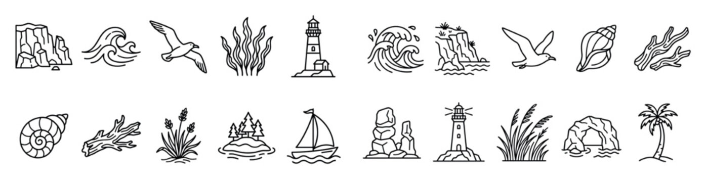 Coastal and marine nature icons set featuring various ocean elements like lighthouses, waves, seagulls, seashells, and rocky cliffs in a simple line art style.