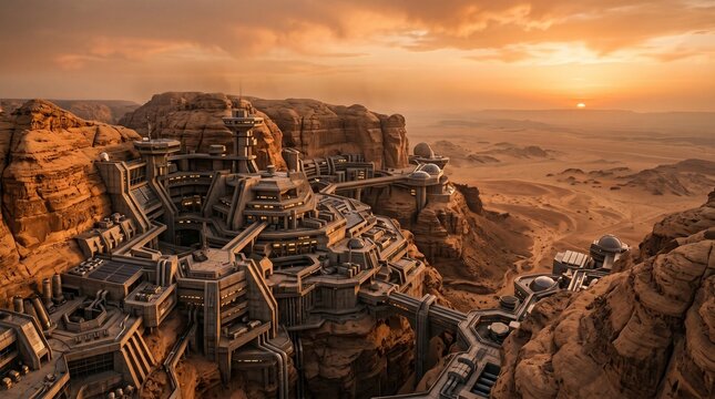 Futuristic desert outpost sits nestled within rugged canyon cliffs under a golden sunset sky.