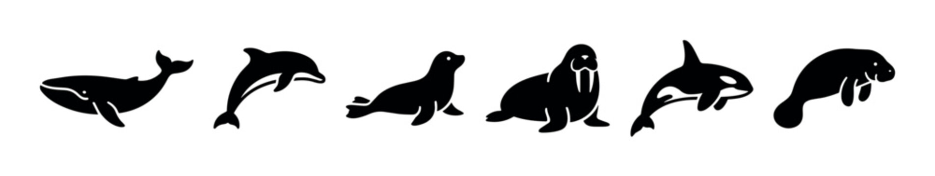 Various whale, dolphin, seal, walrus, orca, manatee silhouettes illustrate different marine animals in a minimalist and iconic vector style.