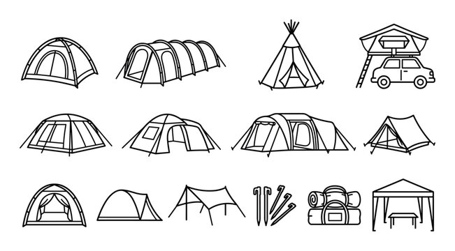 Set of camping tents and outdoor equipment illustrations, featuring various tent styles, a car rooftop tent, and essential camping accessories.