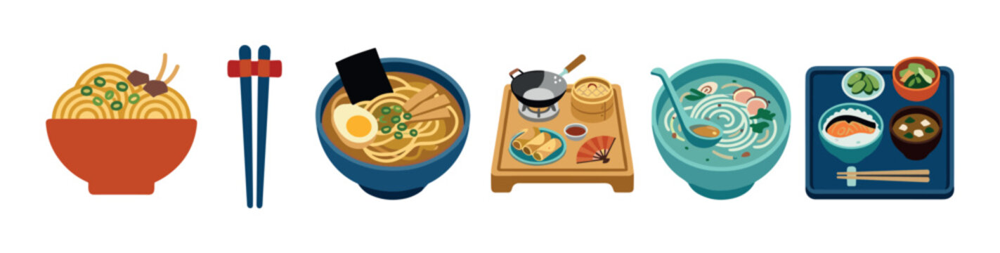 Various delicious Asian food dishes including ramen, noodles, dim sum, and sushi are beautifully presented in a vibrant, flat illustration.