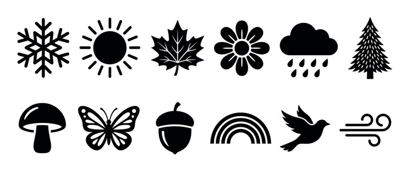 Nature and weather icons collection featuring seasonal elements and natural symbols like sun, snowflake, flower, tree, and butterfly.