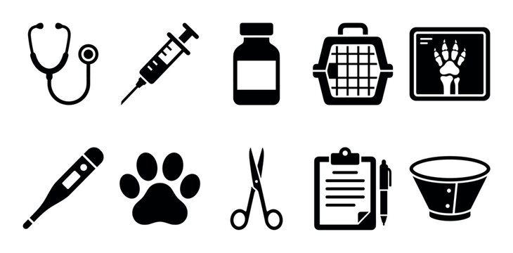 Veterinary medicine and pet care icons collection featuring essential tools for animal health, treatment, diagnosis, and overall well-being.