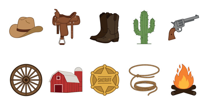 Collection of cartoon Western cowboy themed objects and elements including a hat, saddle, boots, cactus, revolver, wagon wheel, barn, sheriff badge, lasso, and campfire.