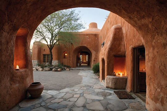 A desert retreat adobe with a shaded breezeway, nicho alcoves holding saint candles, and a chimenea in the courtyard