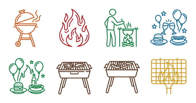 Grilling barbecue outdoor cooking party celebration outline icons set depicts various elements of summer cookouts and festive gatherings.