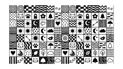 Fototapeta premium Black and White High Contrast Baby Sensory Pattern with Various Icons