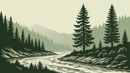 Obraz premium Scenic Mountain River Landscape Vector with Pine Trees and Woodland Valley