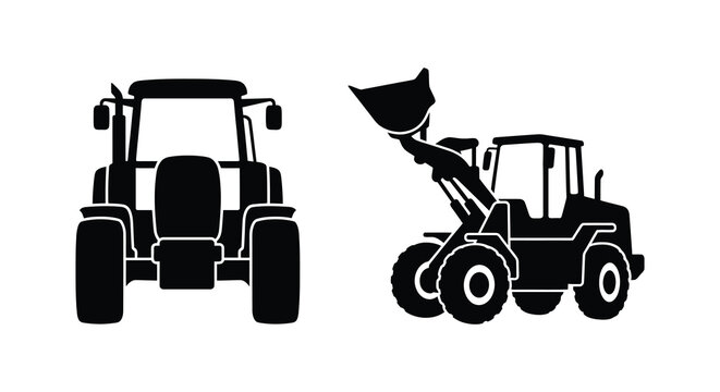 tractor and loader silhouette on white background