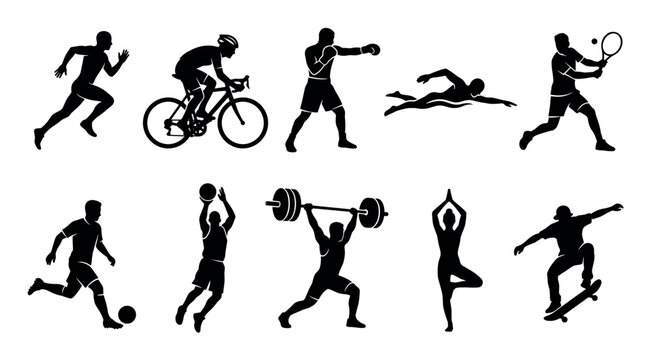 Various sports silhouettes of athletes engaged in different physical activities like running, cycling, boxing, swimming, and weightlifting.