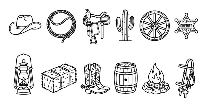 Wild West cowboy themed outline icons collection featuring various western elements such as hats, boots, saddles, campfires, and sheriff badges.