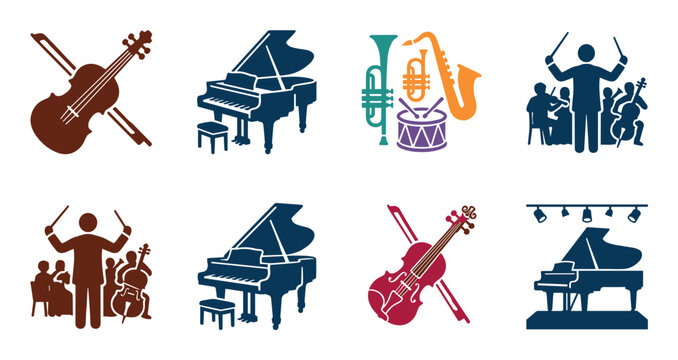Elegant grand pianos, classic violins, brass instruments, and a symphony orchestra with a conductor are represented across diverse musical themes.