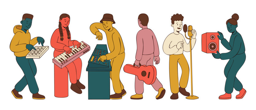 Music band group playing instruments, diverse musicians performing together, flat vector illustration of recording studio session with singers, djs, and instrumentalists in a modern colorful art style