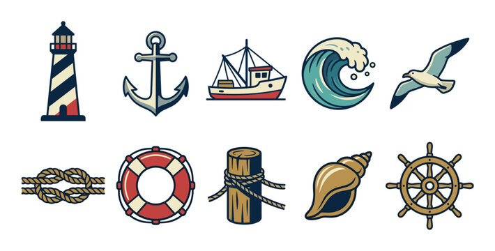 Collection of various marine nautical ocean elements in a charming vintage flat vector illustration style, ideal for summer and travel themes and designs.
