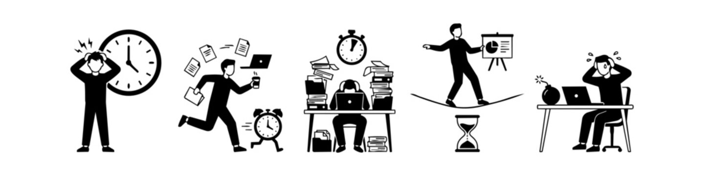 Professional vector icons depicting work stress, tight deadlines, and time pressure. Business characters managing heavy workloads, balancing tasks, and rushing. Great for productivity concepts.