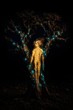 A glowing golden human shadow cast on a dark frankincense tree causing cyan resin to bloom, symbolizing the Pygmalion Effect and mentorship extracting value.
