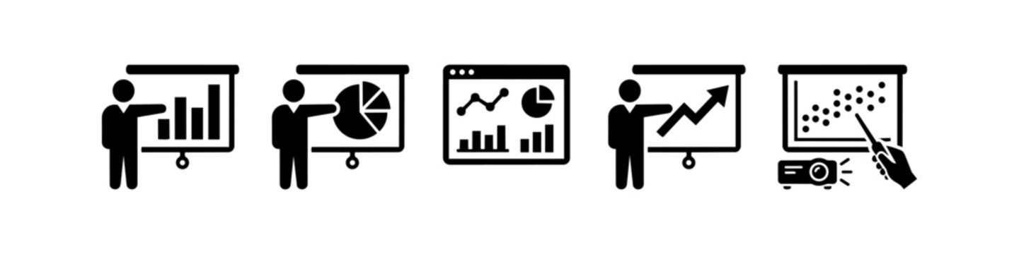 Set of business presentation and data analysis icons featuring bar charts, pie charts, growth graphs, and a projector for professional reporting and corporate analytics.