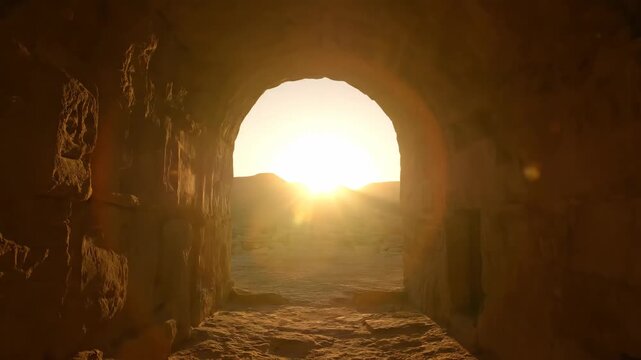 Timelapse composite of a beautiful sunrise over desert mountains viewed from a dark cave. The golden light illuminates the ancient stone walls symbolizing a new beginning