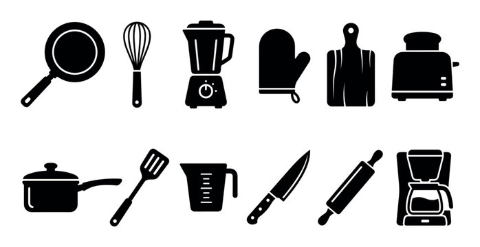 Various kitchen utensils and appliances collection of cooking tools and essential equipment for home food preparation and culinary needs.