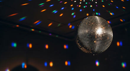 Fototapeta premium Sparkling disco ball hanging from the ceiling reflecting colorful lights in a dark room during a party or celebration