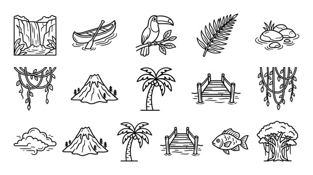 Collection of nature icons representing tropical jungle elements and adventure, featuring waterfalls, toucans, palm trees, volcanoes, canoes, and lush foliage.