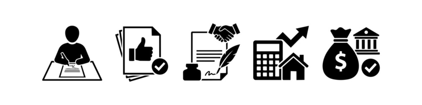A series of black icons representing the steps of a business or mortgage loan process, including signing documents, legal approval, financial calculation, and bank funding.