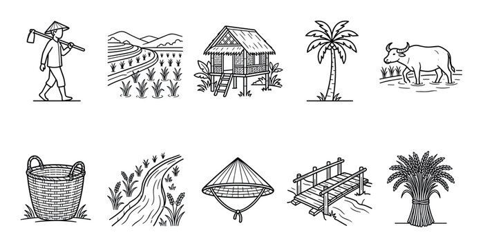 Asian rice farming and rural village icons set, depicting a farmer, terraced paddies, a stilt hut, water buffalo, and harvest elements in a clean line art.