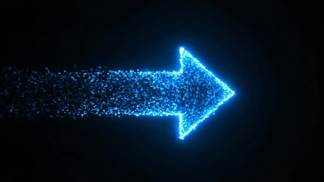 Glowing blue arrow symbol forming from digital particles on a black background. Concept of progress, direction, and technological advancement for future innovation