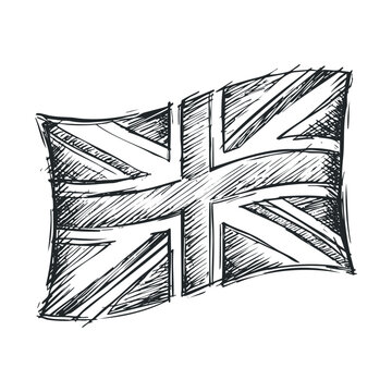 Union Jack flag sketch illustration waving proudly, representing British culture, heritage, and national identity with a hand-drawn, artistic style.