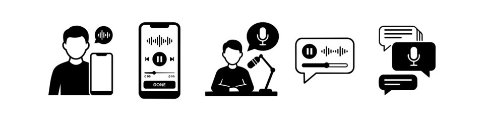Black and white icon set for voice recording, podcasting, and mobile audio messaging. Featuring waveforms, microphones, and player interfaces for apps and digital media. © Nort Kor