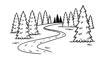 Winding Road Through a Pine Forest Coloring Page for Kids Vector Outline © SABIHA