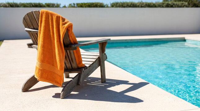 Rustic wooden adirondack chair with orange towel sits by clear blue swimming pool under bright sunlight at luxury resort villa backyard perfect for summer vacation relaxation vibes.