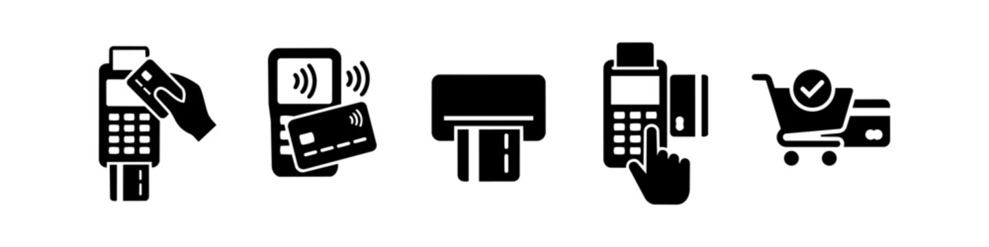 Set of black vector icons showing various credit card payment methods including POS terminals, contactless technology, ATM insertion, and successful online checkout.