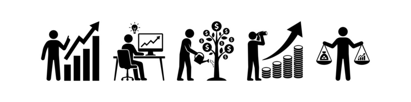 Vector silhouettes depicting business growth, investment strategies, and financial success. Includes icons for analyzing market trends, watering a money tree, and balancing financial portfolios.