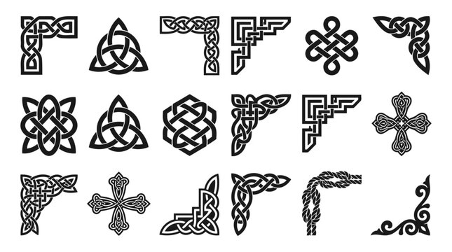 Irish Celtic vector corners design set, braided frame patterns - greeting card and invititon design elements, intricate Celtic knot corner designs.