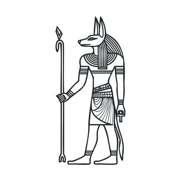 Anubis ancient Egyptian god jackal-headed deity standing holding a ceremonial staff and an ankh symbol, depicted in a clean line art style.
