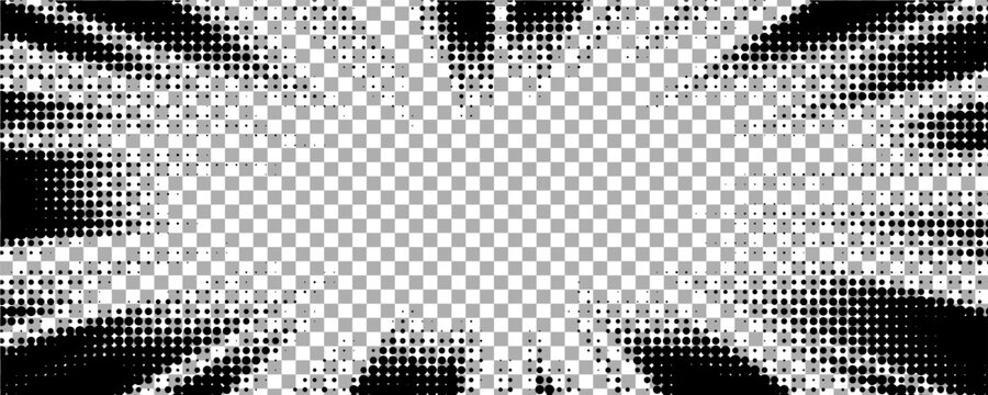 Edge frame. Halftone cartoon border. Pop art dot. Attention pattern. Faded attention texture. Black line isolated on white background. Concentration lines design. Grunge dots zoom.