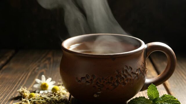 Hot herbal tea with chamomile and mint steaming in a rustic ceramic mug. Soothing warm beverage for wellness and relaxation, panoramic banner for a website header