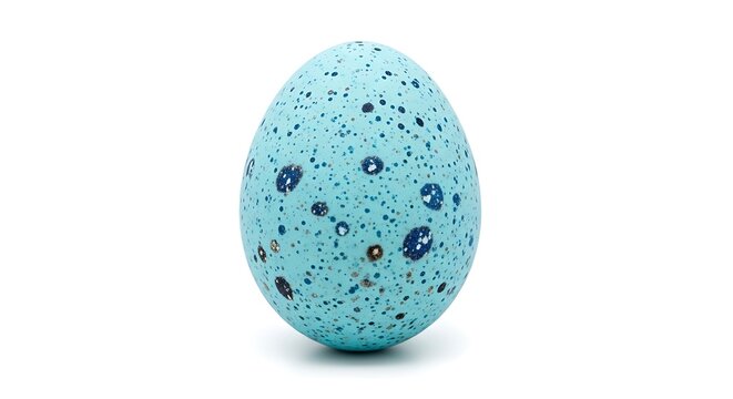 A vibrant blue egg with intricate dark speckles stands prominently on a pristine white background, capturing the essence of spring, new beginnings, and the delicate beauty of nature