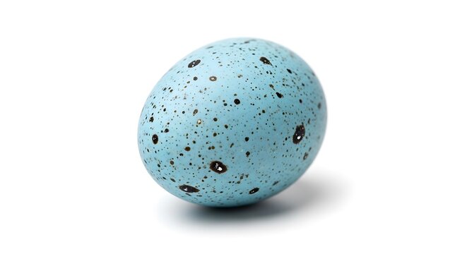 A small, speckled blue bird's egg resting on a white surface with a subtle shadow
