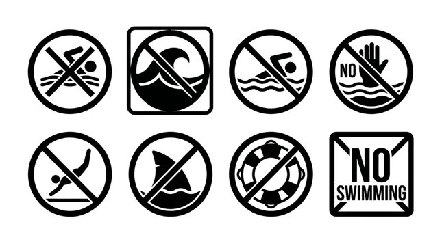 Black icons depict various beach and pool activities prohibited with no swimming signs.