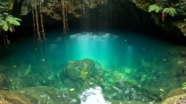 Beautiful hidden cenote with sunbeams illuminating the pristine turquoise water. A secret underground grotto in a tropical rainforest with lush foliage and hanging lianas