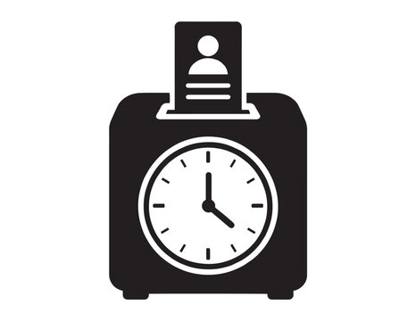 Employee time clock vector icon, black and white punch clock illustration, time management and attendance system graphic, workforce productivity and business operations symbol