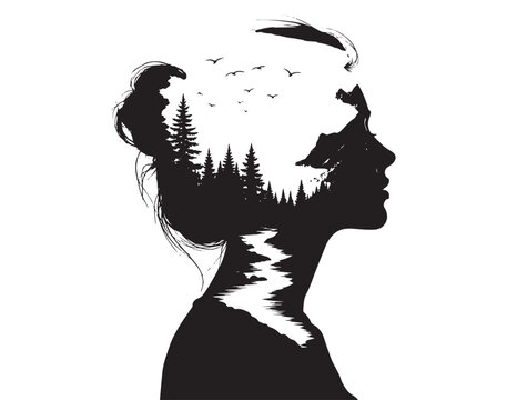Nature-inspired double exposure vector illustration, woman's silhouette with forest landscape, serene natural beauty, black and white graphic for wellness and environment themes.