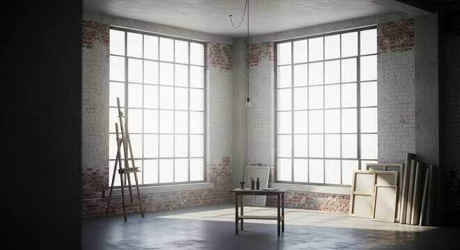 Concept of an artist's empty loft studio bathed in natural light, featuring an easel and canvases, perfectly set for inspiring creative new projects